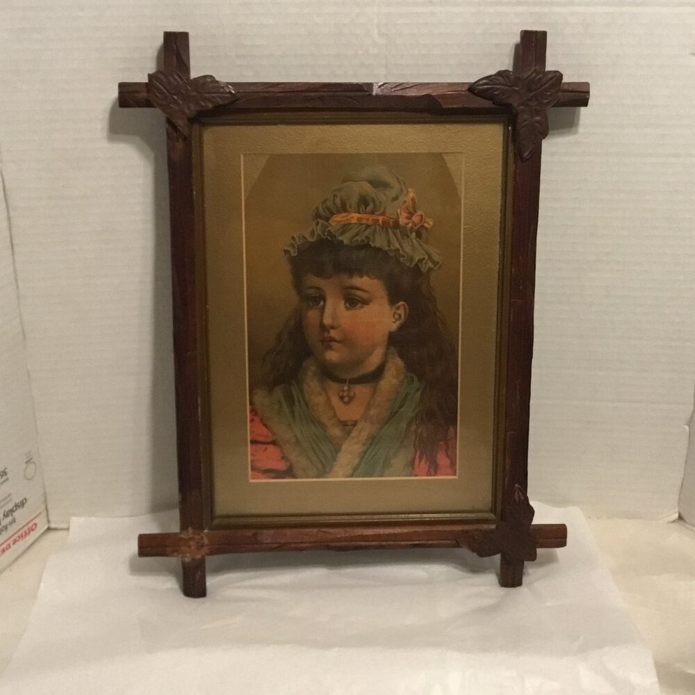 Gorgeous antique framed picture of little girl - tramp or prison art frame